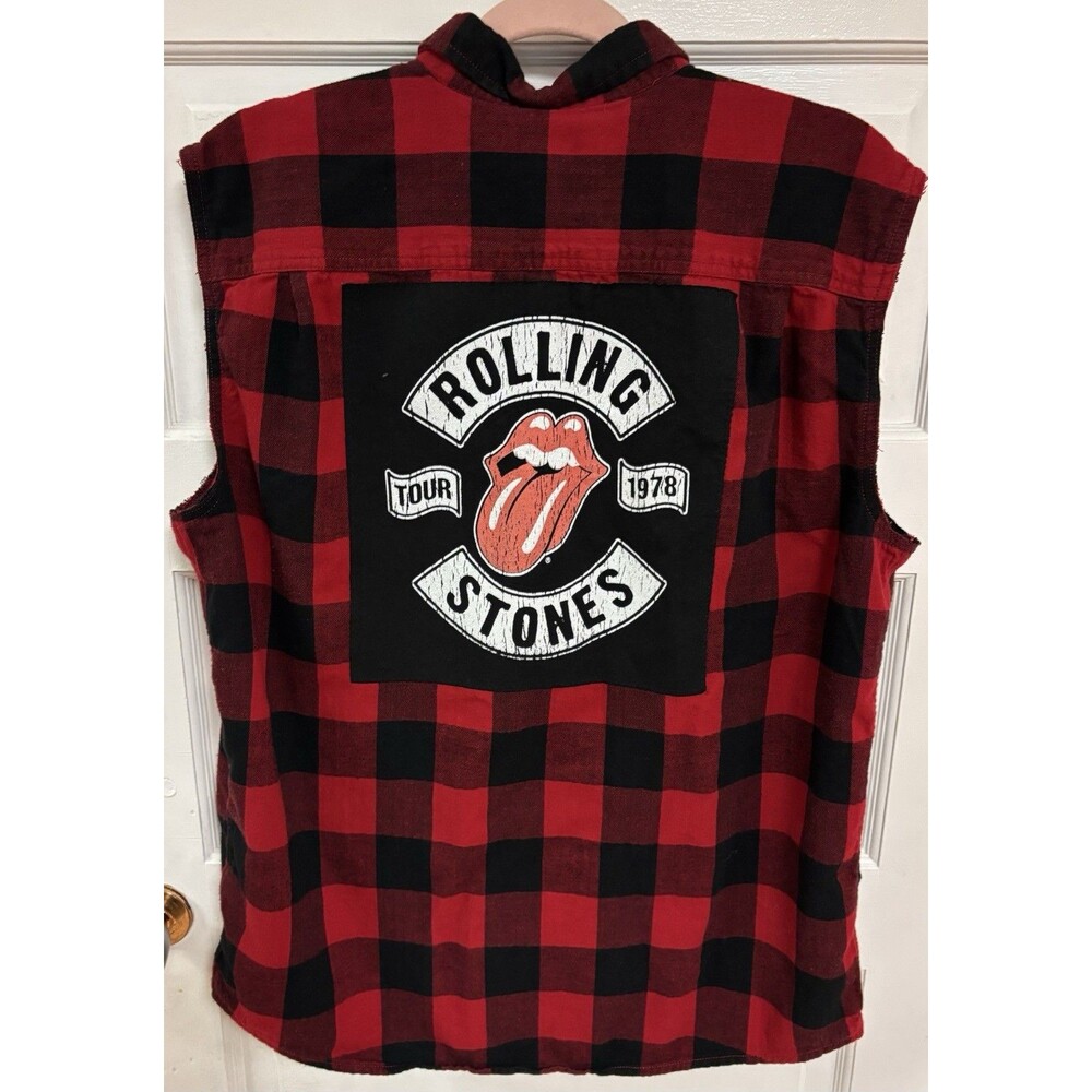 Rolling Stones Upcycled Sleeveless Flannel Lumberjack Button Up Shirt XL Grunge